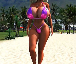 Rubia 3d Babe en Bikini parpadea su masiva Tetas en the..