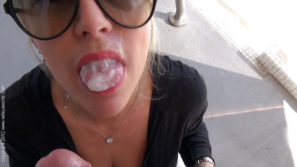 Mature lassie in sunglasses gives a handjob and takes a cumshot on her tongue - part 2