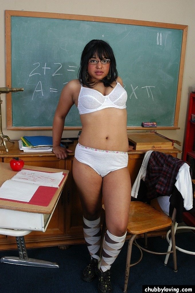 Mature fatty Lily stripping down to argyle socks and glasses in schoolroom