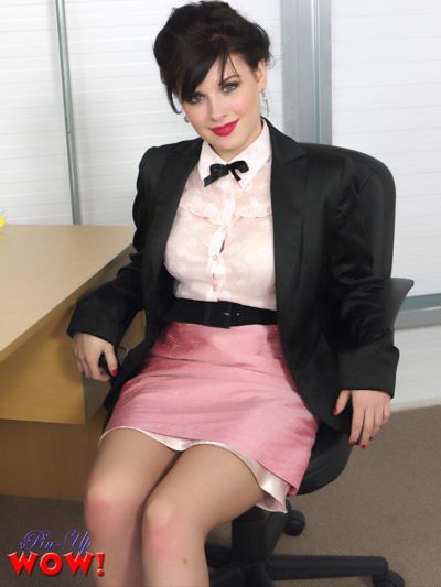 Hot secretary Jocelyn-Kay strips down to tan stockings for pinup calendar