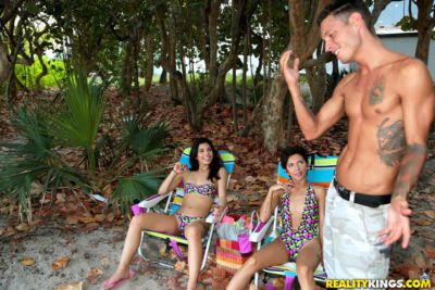 Latina teens in swimsuits get picked up at beach for a hot threesome