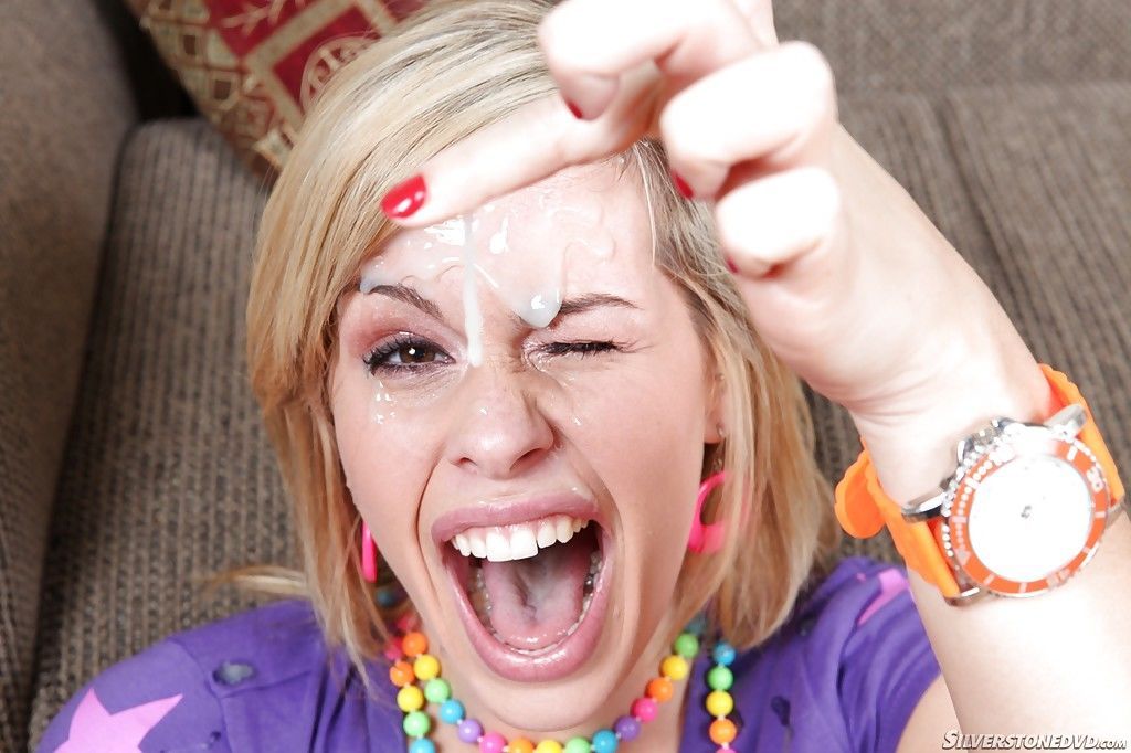 Blond girl Tara Lynn Foxx taking jism on face from big dick in argyle socks