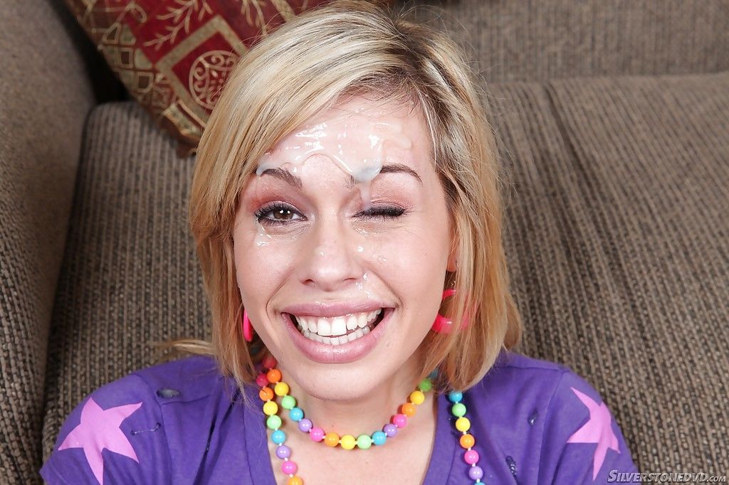 Blond girl Tara Lynn Foxx taking jism on face from big dick in argyle socks