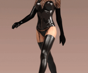 Animated Asian slut strutting in black latex and heels