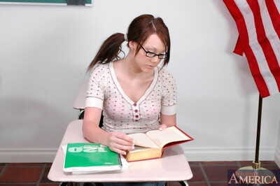 Lovesome college girl in glasses Samantha Sin stripping and spreading