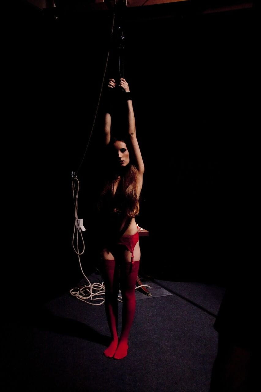 Hot sub Tina Blade in red stockings & garter suspended for pit-of-doom BDSM