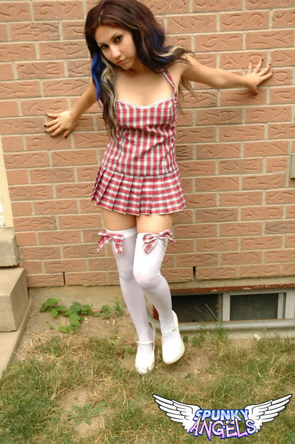 Adorable amateur schoolgirl Angel in white stockings flashes panty upskirt