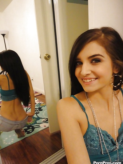 Slender female Zoey Kush ditching her shorts and top while taking selfies