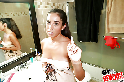Brunette model Sofia Rivera taking topless mirror self shots