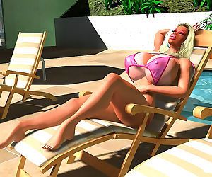 Pornstar 3d sexy busty blonde in bikini sunbathing..